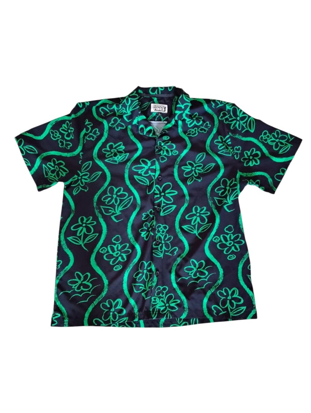 Good Vibes Black & Green Floral Print Button Down Short Sleeve Shirt Mens Large